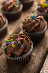 Close-up view of tasty chocolate cupcakes with sprinkling on rustic wooden table on rustic wooden background. Sweet dessert. Bakery concept. Elegant food. Sweets for coffee or tea.