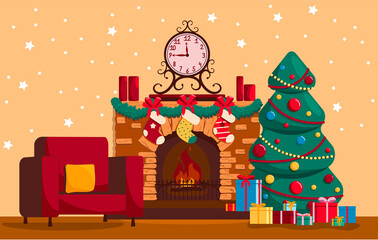 Christmas fireplace with candles and a clock. Decorated with garlands and bows. christmas tree and cozy armchair