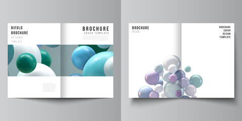 Vector layout of two A4 cover mockup templates for bifold brochure, flyer, magazine, cover design, book design. Abstract vector futuristic background with colorful 3d spheres, glossy bubbles, balls.