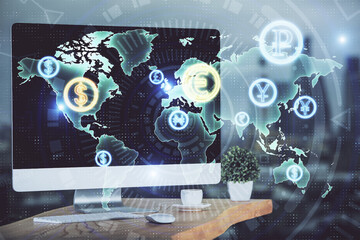 Financial chart drawing and table with computer on background. Double exposure. Concept of international markets.