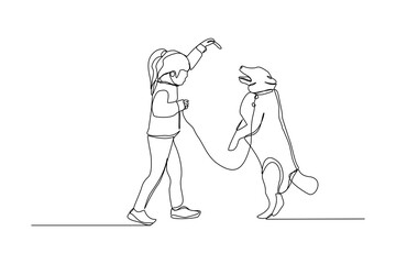 Continuous line drawing of happy little girl playing with dog pet. One line art concept of happy childhood. Vector illustration