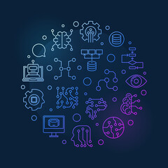 Artificial Intelligence and Machine Learning concept vector colorful round outline illustration on dark background