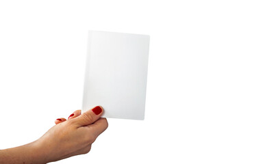 close up woman hand holding empty white card on isolated white background