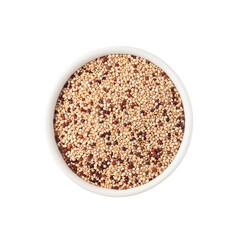Top view of quinoa seeds in round plate isolated on white background