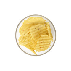 Top view of potato chips in glass bowl isolated on white background