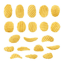 Rippled potato chips with spices isolated on white background
