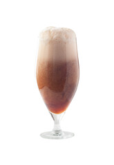 Glass full of dark beer and foam. Alcohol craft drink isolated on white background