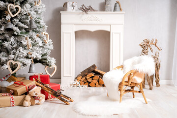 Digitaler Hintergrund Weihnachten Xmas Weihnachtsszene mit Kinderstuhl und Fell