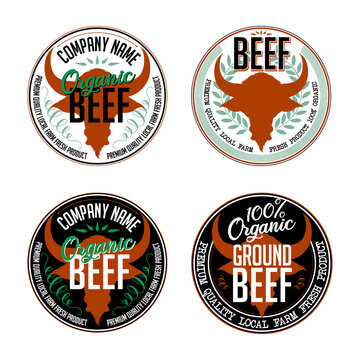 Ground beef labels design. Vector illustration of bull head silhouette with typography design elements. Sticker labels for butchery, meat shop or restaurant.