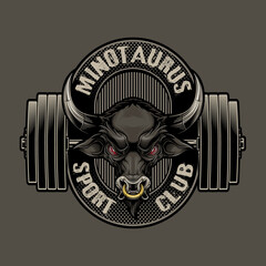Minotaurus sport club logo label. Vector illustration of bull head and dumbbells in engraving technique  with typography design elements. 