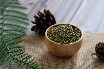 Close up green beans in the wooden bowl