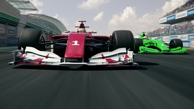 Green generic formula one race car is trying to overtake the leading car – dynamic front view camera - realistic high quality 3d animation - my own car design - no copyright/trademark infringement