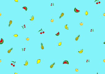 Seamless Fruit wrapping paper. Colored Handmade Melon, Apple, Cherries, Pineapples and Leemons.