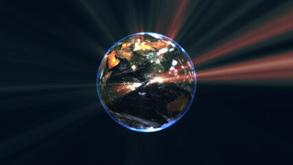 earth globe with glowing details and light rays. 3d illustration.