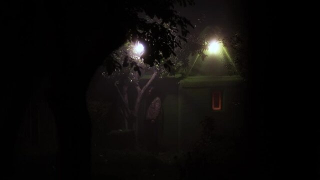 Fairy house and strange man.
A man with long hair comes out of a small green house. He walks from the house and approaches the camera.
