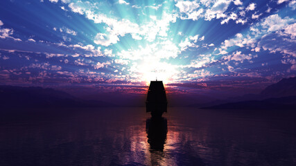 Naklejka na ściany i meble old ship at sea sunset illustration