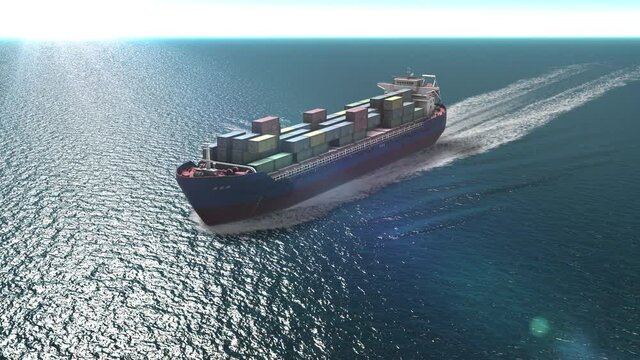 Cargo container ship in the open sea- aerial view
,export goods from cargo yard port to custom ocean concept freight shipping by ship .

