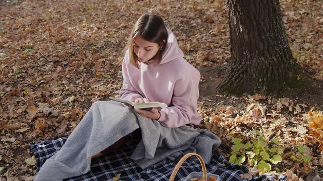 Romantic brunette woman reads a book in the park at fall on a sunny day