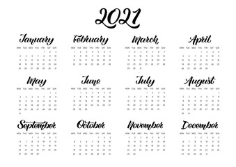 Vector Calendar Planner for 2021 Year with handdrawn lettering and doodles. Week Starts Monday. Stationery Design. Objects isolated on white background.