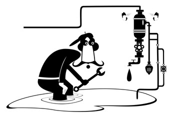 Comic mechanic with a big wrench repairs pipe construction to stop water flow black on white