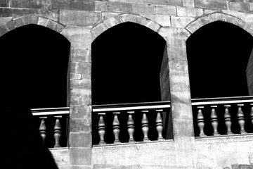 Black and white shadows and lights on an terrace in the old town of Geneva, Switzerland
