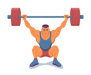 Strong muscular weightlifter lifting barbell. Illustration of weightlifting snatch execution. On white background