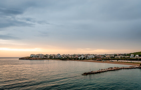 Sunrise at Rafina port, Greece. View from upper deck of the ferry.