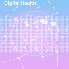 Digital Health. Abstract background with symbols of medicine and pharmacology. Modern and future technologies. Medical banner, web design, presentation. Illustration, vector.