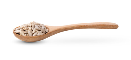 Shelled Sunflower Seeds in wood spoon on White Background