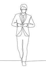 man in a mask and a full-length business suit is buttoning up a button. one line drawing of a confident and attractive man in a suit walking forward