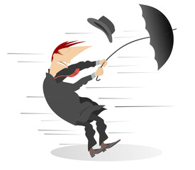 Windy day. Man tries to hold an umbrella gone with the wind illustration
