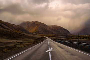 road asphalt mountains clouds sky rain weather