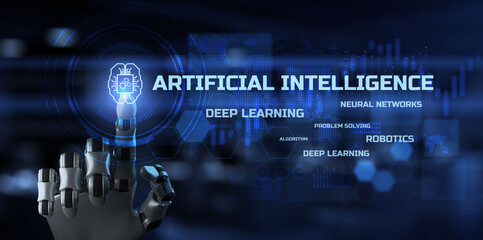 AI artificial intelligence intelligent industry technology Neural network Machine Learning. Robotic arm 3d rendering.