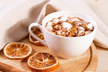 tasty sweet hot chocolate in a cup and mini marshmallows