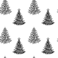 Obraz premium Christmas seamless pattern with hand drawn decorated fir trees isolated on white background. Design element for Christmas cards, invitations, decorations, wrapping paper, textile. 