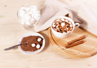 tasty sweet hot chocolate in a cup and mini marshmallows