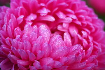 Red aster flower. Close-up of a bud with dew drops. Macro.