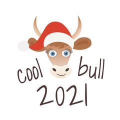 Сartoon kindly сute bull. Symbol for Chinese New Year 2021, the year of the cow. Friendly character. A funny baby animal with horns and hooves. Hand-drawn vector illustration isolated on white.