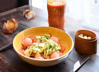 Vegetarian pasta salad with a fruit smoothie