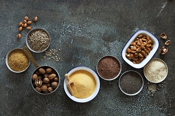 Super food dry ingredients group. Healthy, vegetarian, plant based, clean eating concept. Overhead view