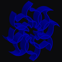 black background with swirling blue geometric floral abstract pattern