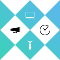 Set Megaphone, Tie, Laptop and Clock with arrow icon. Vector.