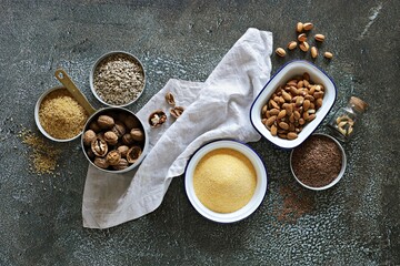 Super food dry ingredients group. Healthy, vegetarian, plant based, clean eating concept. Overhead view