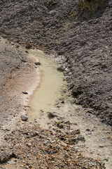 Stream of warm mud with traces of sulfur in the 