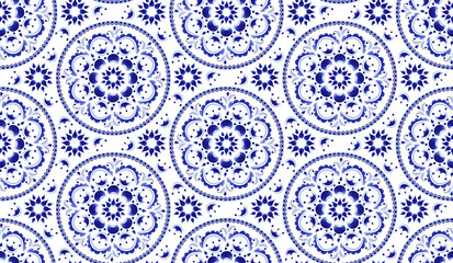 Seamless floral stylized pattern made in the technique of Russian folk art Gzhel.	