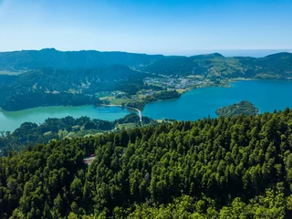 Foto op Canvas Aerial View with the Twin Lakes of "Sete Cidades" on the background with some nebline of early morning of a summer day with blue sky. São Miguel Island, Azores. © Vitor Miranda