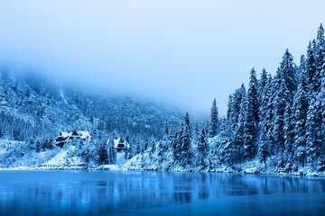 Winter lake in snowy forest in mountains. Scenic winter mountain nature landscape.