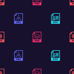 Set DOC file document, OBJ, PSD and AVI on seamless pattern. Vector.
