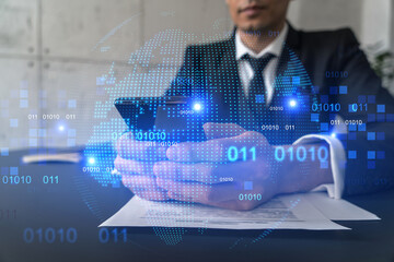 Man in office working with Smartphone, Searching for new countries to work with. International...