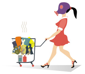 Dirty laundry and woman illustration. Girl in the gas mask wheels a trolley with dirty laundry

